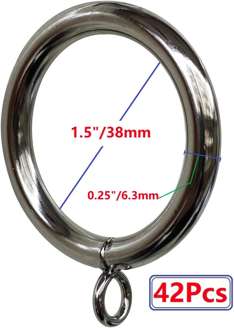 Curtain Ring Metal 42-Pcs 1.5 Inch Inner Diameter with Eyelets Fit Up to 1 1/4-Inch Rod Large Wire Diameter (Satin Nickel-42Pcs)