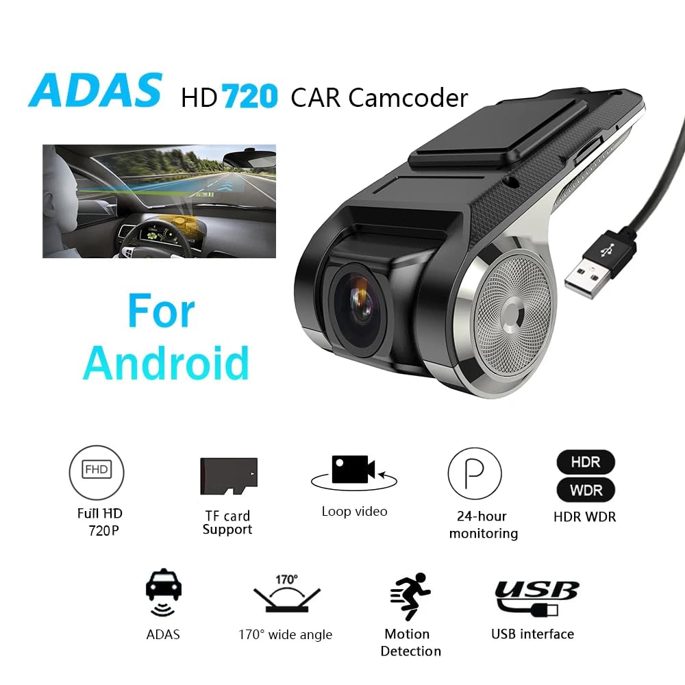 Dash Cam per Android Auto USB DVR 1080P Impermeabile Dashcam Visione Notturna Dash Camera Registrazione Full HD Telecamera per Auto Videocamera 170° Grandangolo Loop Record