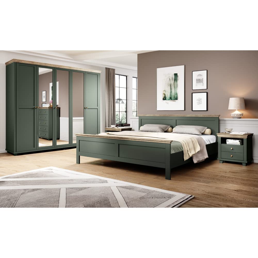 Lomadox Schlafzimmer Komplett Set Landhaus grün Eiche Doppelbett Bettgestell Liegefläche 180 x 200 cm Kleiderschrank Spiegeltüren Nachttisch Nachtschrank