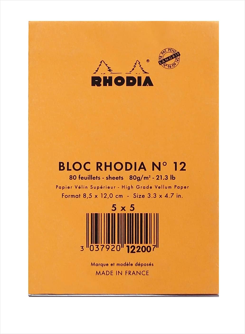 Rhodia Classic Orange Notepad 3.3 X 4.75 Grid (FBA_12200C)
