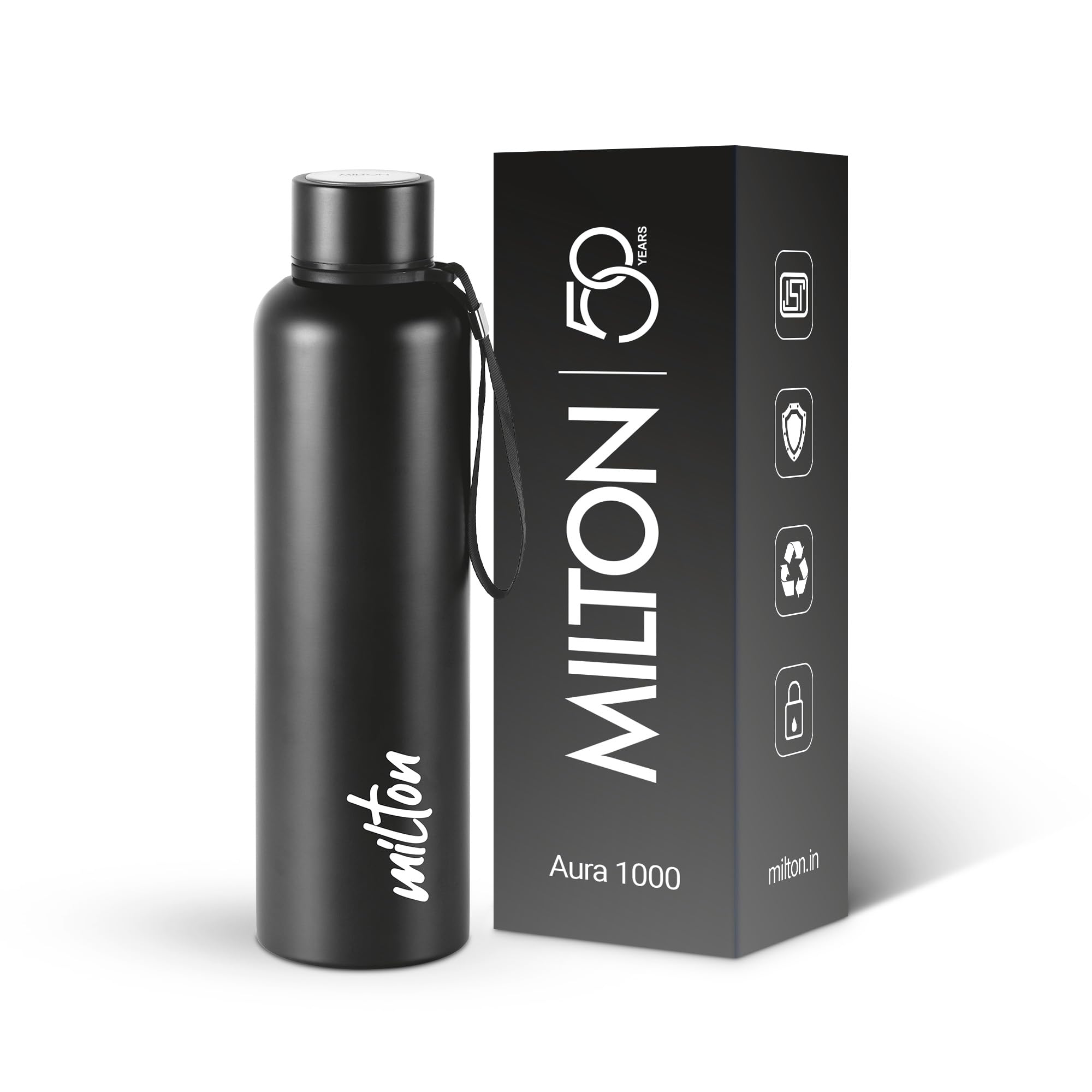 Milton Thermosteel Aura 1000, Double Walled Vacuum Insulated Thermos 1000 ml,1.05 Ltr | 24 Hours Hot and Cold Water Bottle,Stainless Steel, BPA Free,Leak Proof Black