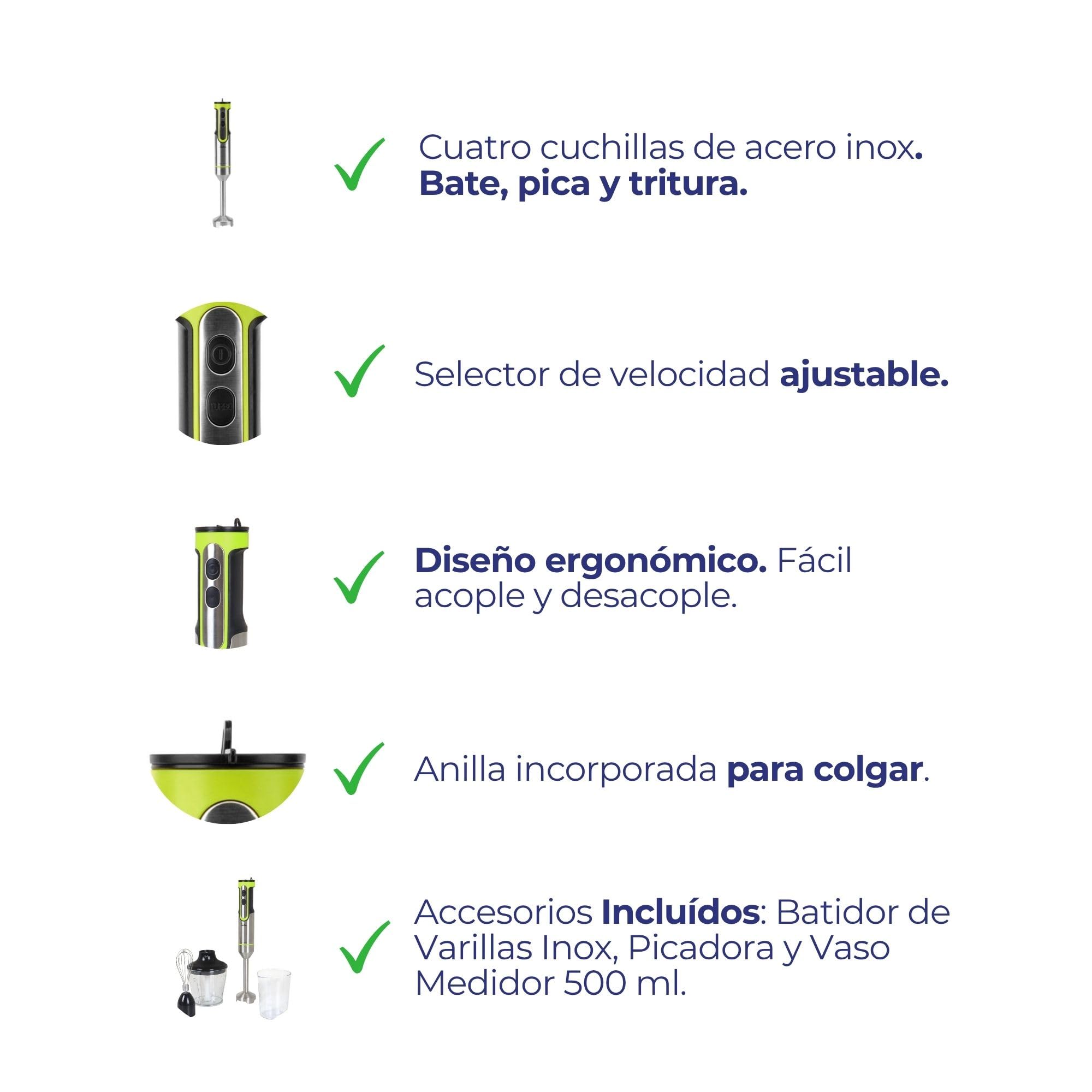 JATA JEBT1789 - Batidora de Mano 1200 W. Velocidad Ajustable. Función TURBO con 17.000 RPM. 4 Cuchillas Acero Inoxidable. Incluye Accesorios: Picadora, Batidor Varillas y Vaso de 500 ml