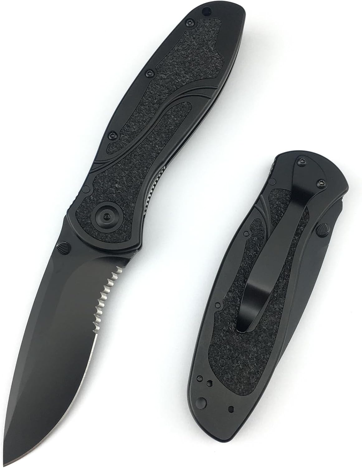 7.8 Inch Black Pocket Knife, Manual Opening Folding Knife with Thumd Stud, 8Cr13Mov Steel Blade Aluminum Handle, Serrated Pocket Knife with Pocketclip for EDC