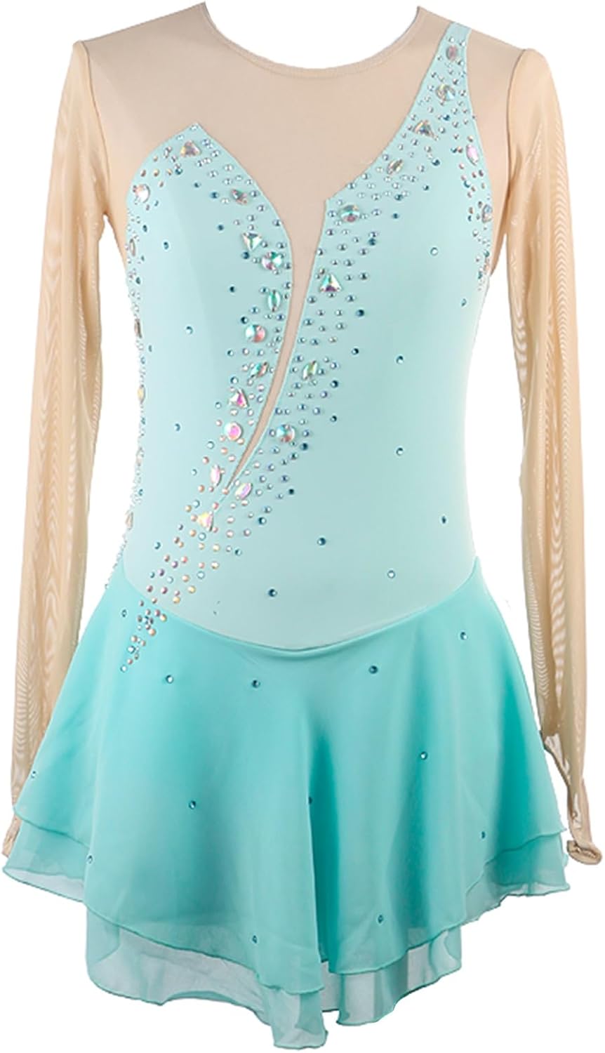 Figure Skating Dress Girl Women Ice Skating Dresses Long Sleeve Handmade Training Wear Performing Costumes
