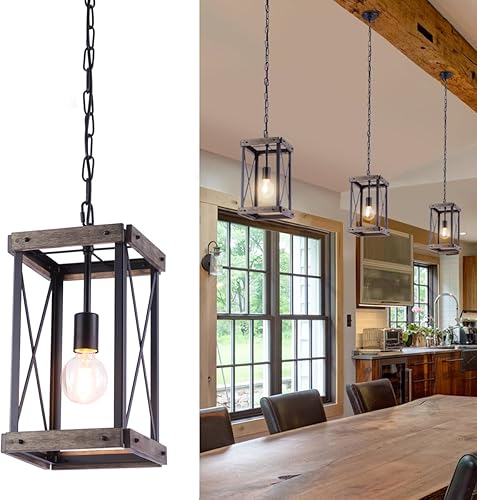VILUXY Vintage Pendant Light, Classic Single Light Hanging Pendant Lighting, Black Metal Cage and Wood Shade, for Farmhouse, Entryway, Dining Room,