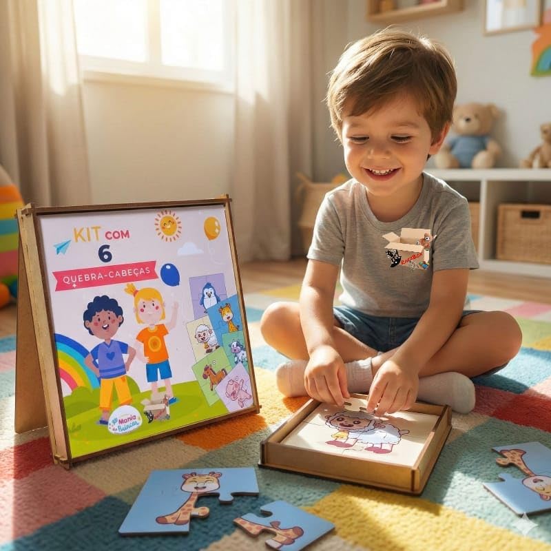 Brinquedo Pedagógico Em Madeira Estojo Kit 6 Quebra Cabeças Infantil Com 4 Peças Cada (Estojo Fazendinha)