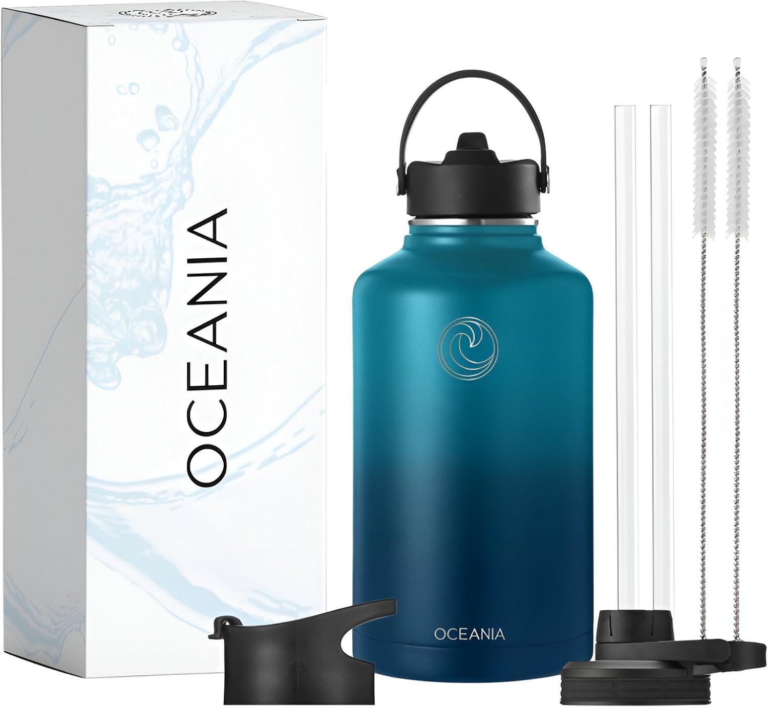 Oceania Flask 64oz Stainless Steel Water Bottles | Modern, Leakproof, Hydro BPA-Free, Insulated Water Bottle with 3 Lids, 3 Straws & 2 Straw Cleaning Brushes | Simple Camping & Hiking Water Bottle