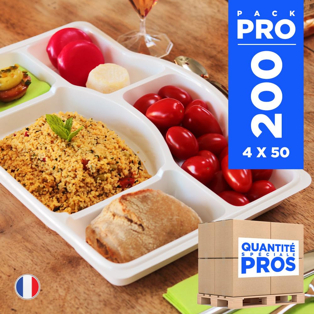 Table'Colors 200 Plateaux repas 5 compartiments - Sans Couvercle - Plateau de service - Aperitif - Traiteur - Assiette - Fabriqué en France - Réutilisables - Pour Tous Repas