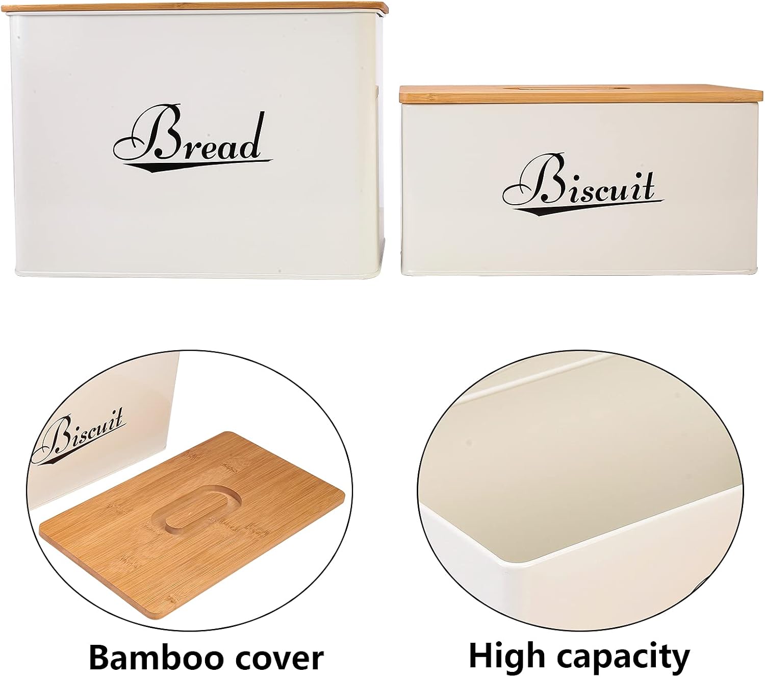Xbopetda Bread Box & Biscuit Tin Set, Metal Storage Container with Bamboo Lid, Kitchen Counter Canister - Ideal for Storage Cookies, Crackers, Biscottiera, Bread, Croissant & Snack - White