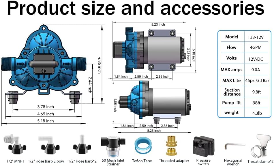 Miniatura 2 de Bomba de agua eléctrica de alta presión de 12 V con diafragma, bomba de transferencia de agua en línea, sistema de agua para cámper, bomba de
