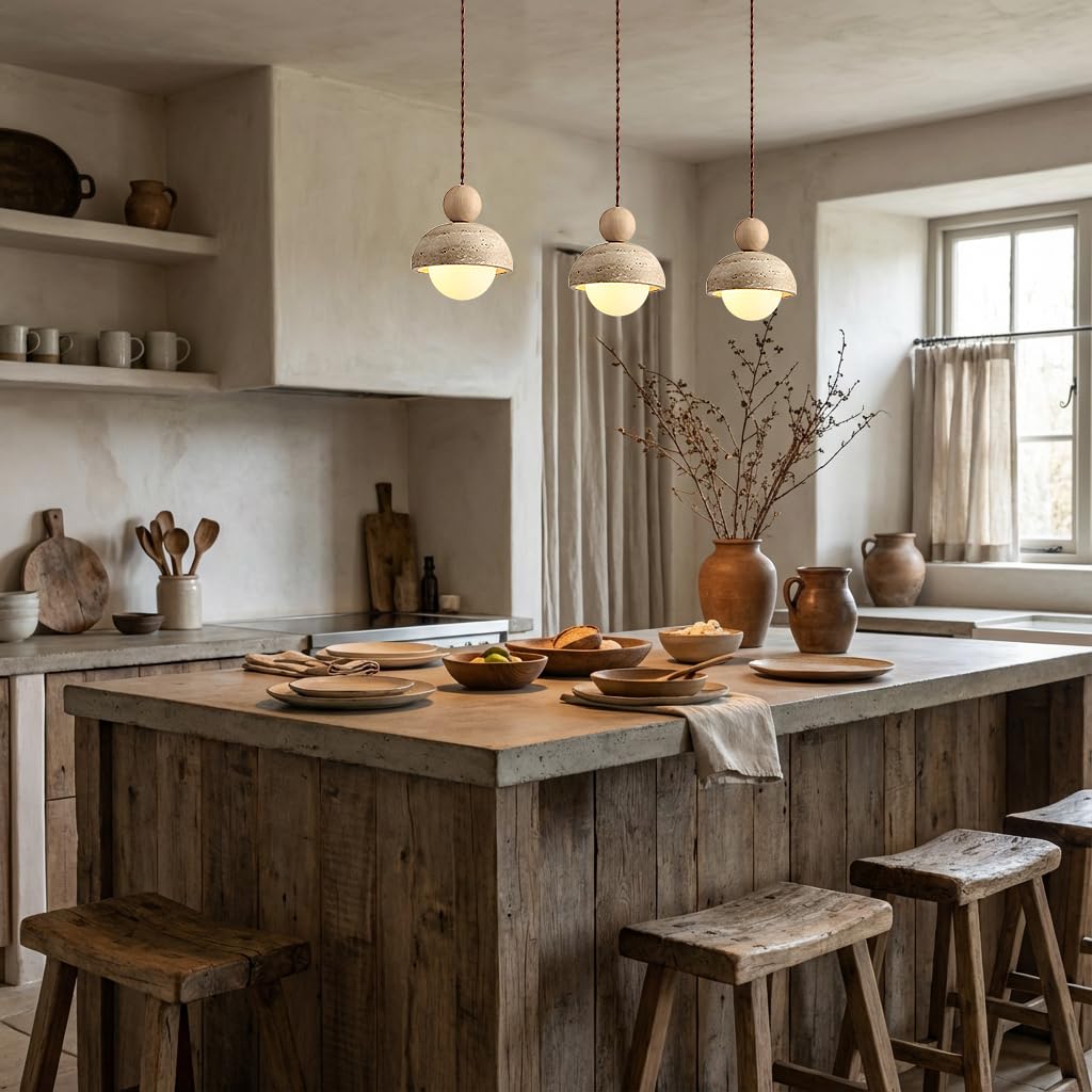 7W Lámpara colgante japonesa Wabi-Sabi de travertino amarillo con pantalla de piedra natural y luz colgante de madera G9, mini iluminación nórdica para cocina, isla y comedor