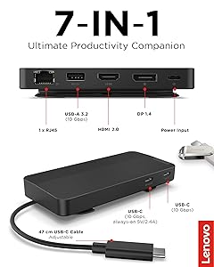 Lenovo USB-C Dual Display Travel Dock w/ 100W Power Adapter - 7 Ports, Integrated USB-C Cable, Universal Compatibility, Dual Displays at 4K - Black