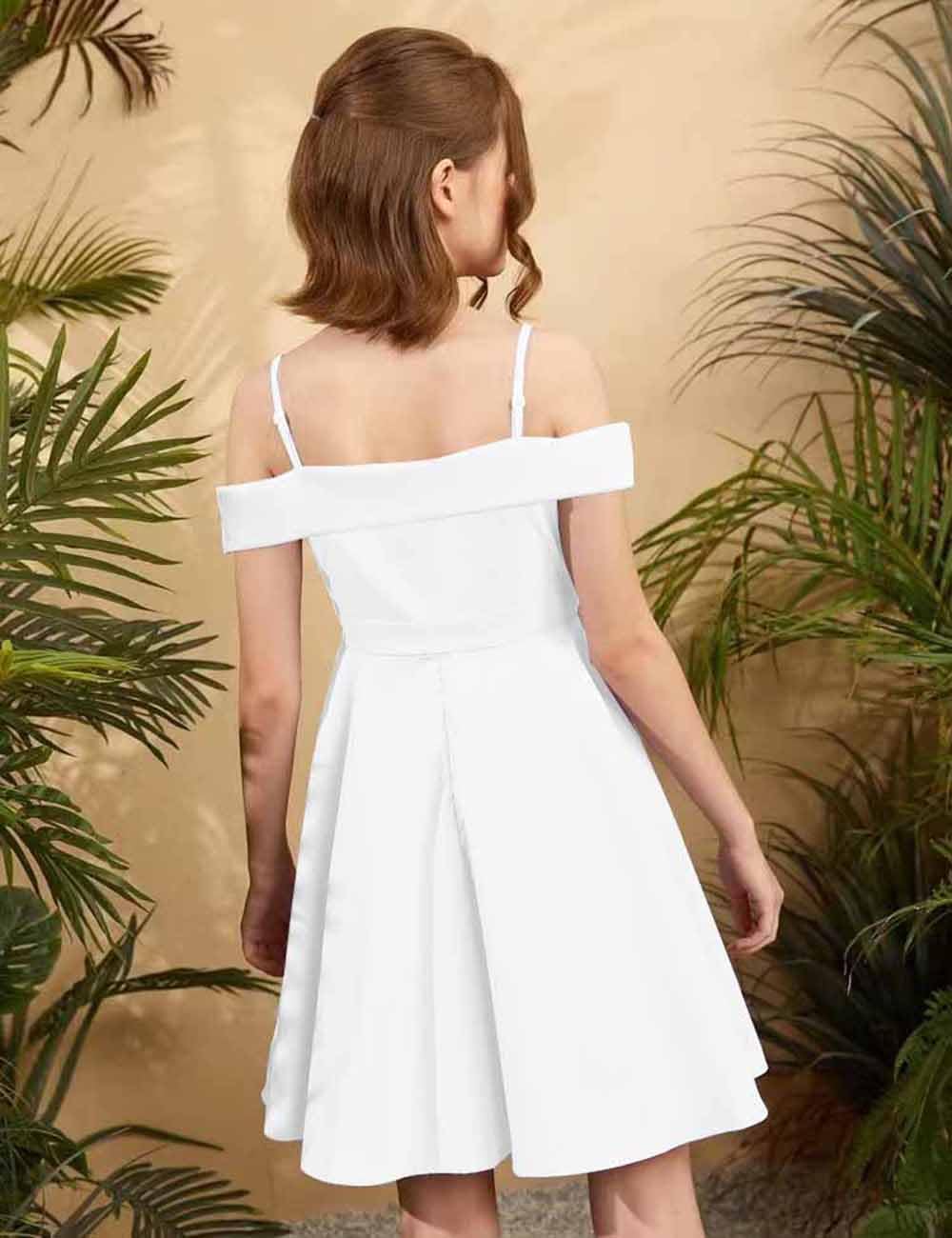 Girls Elegant Princess Cold Shoulder Fold Pleated High Waist Flared A Line Party Dresses,White,14 Years - Image 3