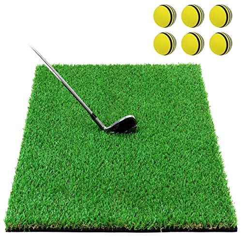 GolfStyle ゴルフマット 20mm ラフ芝 短芝タイプ ゴルフ 練習 マット 素振り スイング アイアン アプローチ Rough Turf 練習器具 室内 屋外 人工芝 SBR 50×75cm 芝生 ゴルフボール Eボールセット (イエロー)