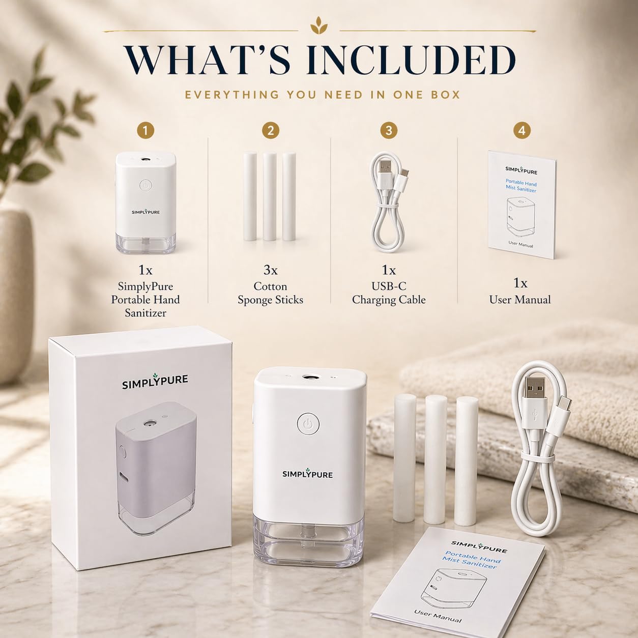 SimplyPure Automatic Hand Mist Dispenser, Touchless Spray Device, Portable & Rechargeable, Refillable Liquid Solution Bottle for Home, Office & Travel