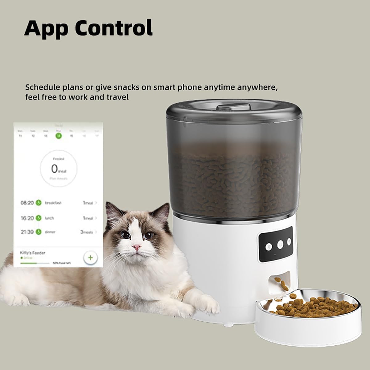 Dispenser Temporizzato Per Cibo Per Cani E Gatti Da 4 Litri Con Design Con Pendenza Ripida Di 45°, Doppia Alimentazione E Mangiatoia Per Gatti WiFi, Controllo APP, Buona Tenuta Per Cani E Gatti