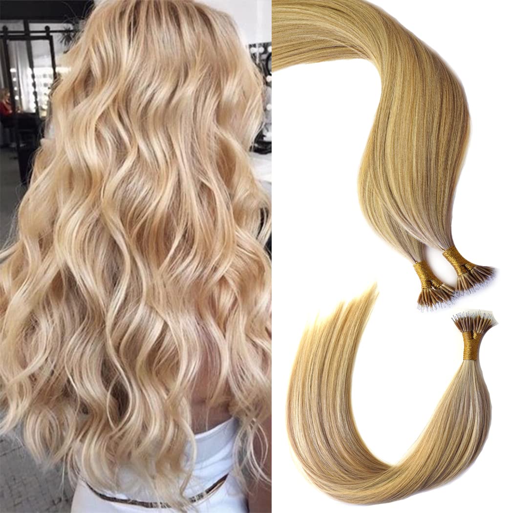 KOCONI 16 Inch Nano Beads Hair Extensions Real Human Hair Extensions Double Drawn Nano Ring Hair Extension Nano Tip Beads Human Hair Extensions Ash Blonde with Platinum Blonde 50g 1g/Strand P18/613