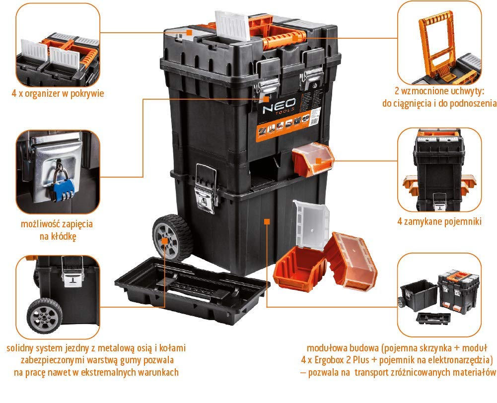 NEO TOOLS Cassetta degli attrezzi su ruote, officina mobile 40x40x70,5 cm, quattro organizzatori, quattro ergobox con serratura, serrature in metallo, maniglie laterali, angoli antiscivolo