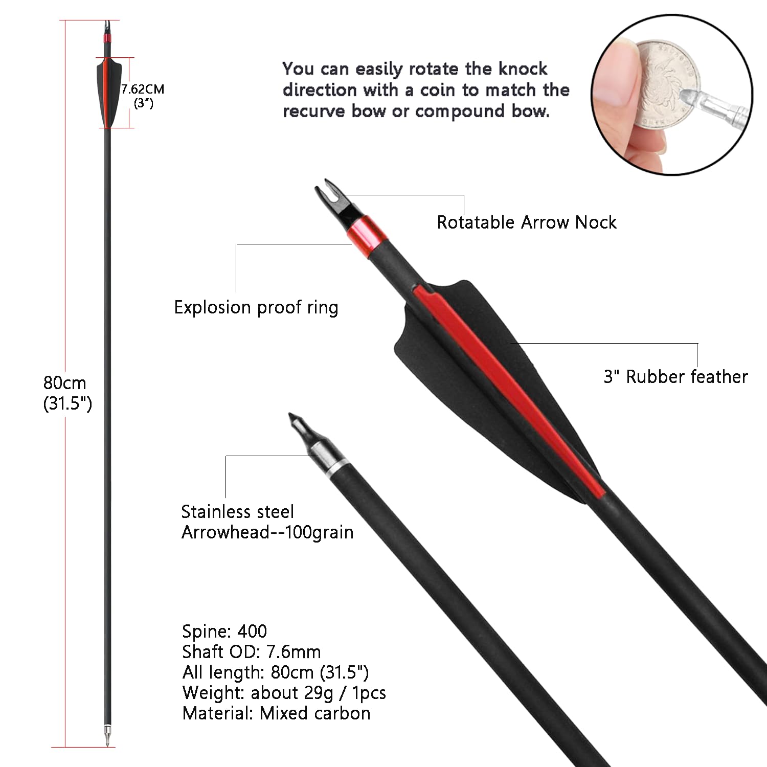 31.5" Bogenschießen Carbonpfeile, Zielpfeile, Spine 400 Jagdpfeile für Compound und Recurvebogen 12 Stück