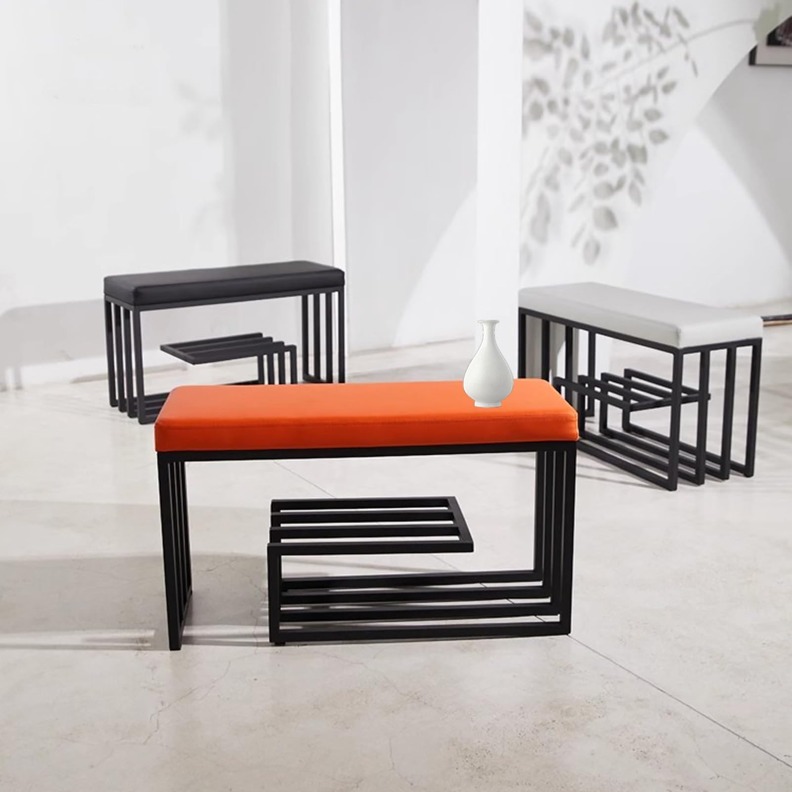 Generisch Schuhbank mit Sitzfläche, 3 Ebenen Schuhablage, Metallgestell Schwarz, Gepolsterte Sitzfläche (Orange, 80x30x45cm)