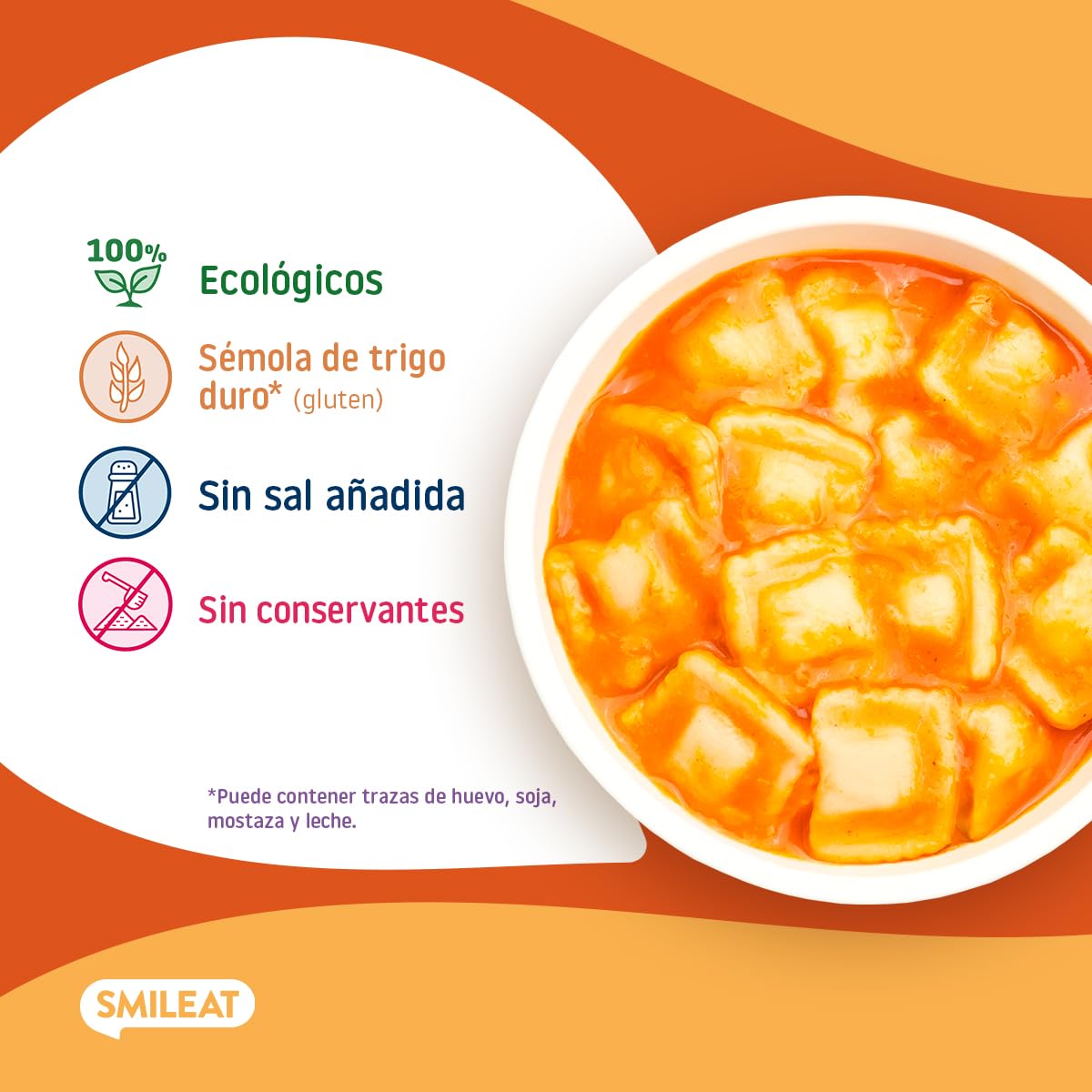 Smileat - Pack de 8 Platitos de Raviolis de Calabaza con Salsa de Tomate y Champiñones – Ecológico, Sin Conservantes – Ideal para Peques +15 meses – 190g x 8