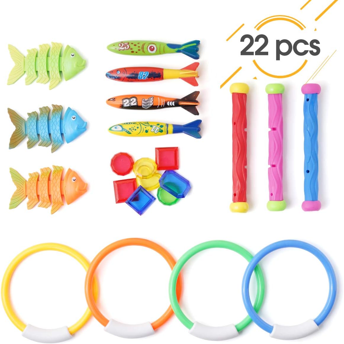 22 Pack Underwater Swimming/Diving Pool Toys Diving Rings(4 Pcs), Toypedo Bandits(4 Pcs), Diving Sticks(3 Pcs), Fish Toys (3 Pcs) with Under Water Treasures (8 Pcs) Gift Set Bundle