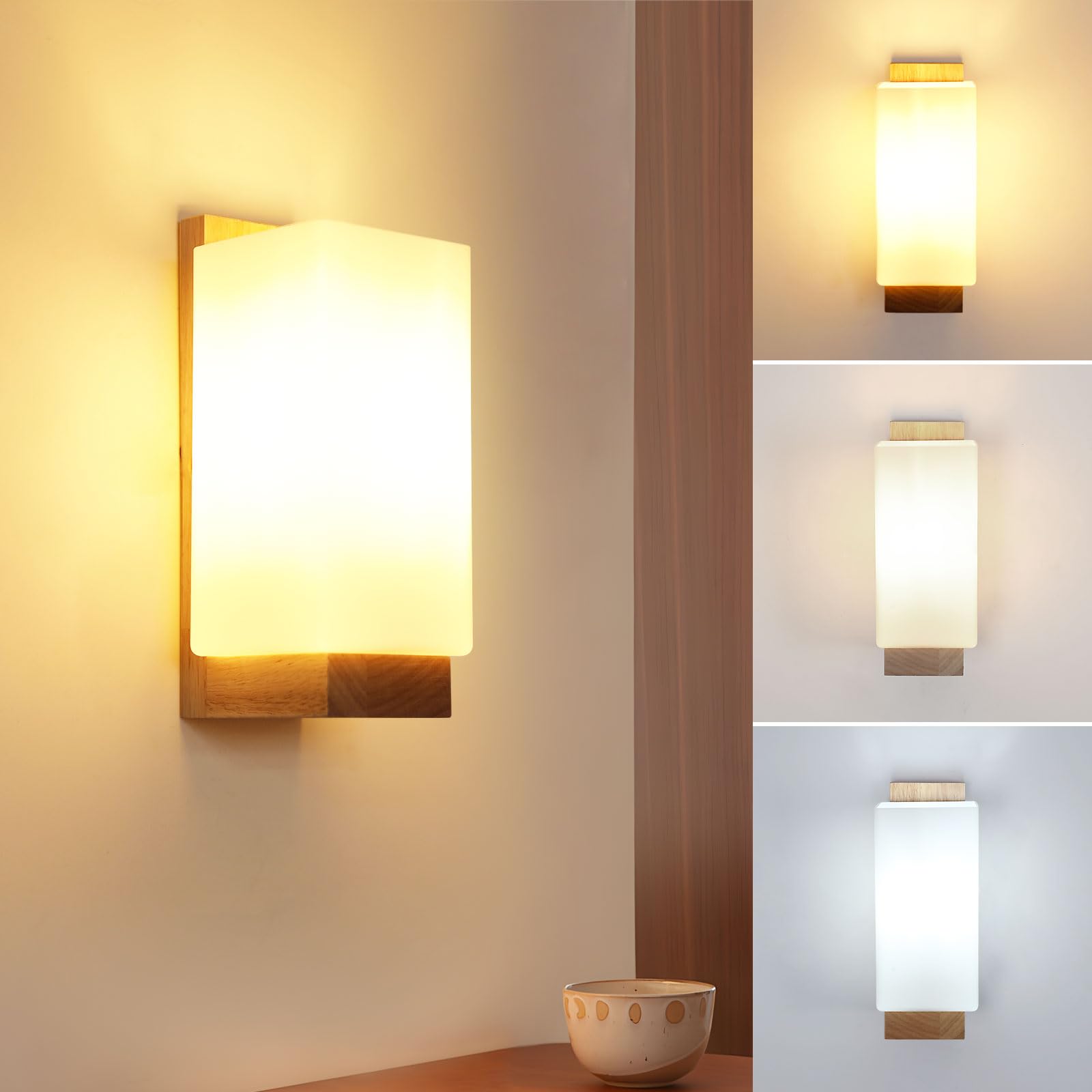 Toolight Applique da Parete Interno Vintage, 12W Lampada LED Parete Legno, Dimmerabile Applique Camera da Letto Moderna Temperature 3 Colori per Dormitorio Soggiorno Corridoio con E27 Lampadina
