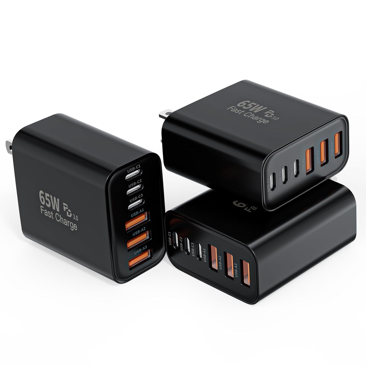 3 Pack 65W Apple USB C Charger Fast Charging,6-Port PD Power Adapter+ QC Wall Plug Multiport USB C Brick,Type C Box Brick Quick Charge for iPhone 17 17Air 16 15 14 13 12 11 Pro Max,iPad,AirPods,Black