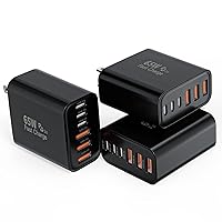 Vista 9 de Paquete de 3 bloques de cargador de pared GaN tipo C de 65 W, bloque de carga rápida de 6 puertos, adaptador de enchufe USB C PD + enchufe QC Blanco