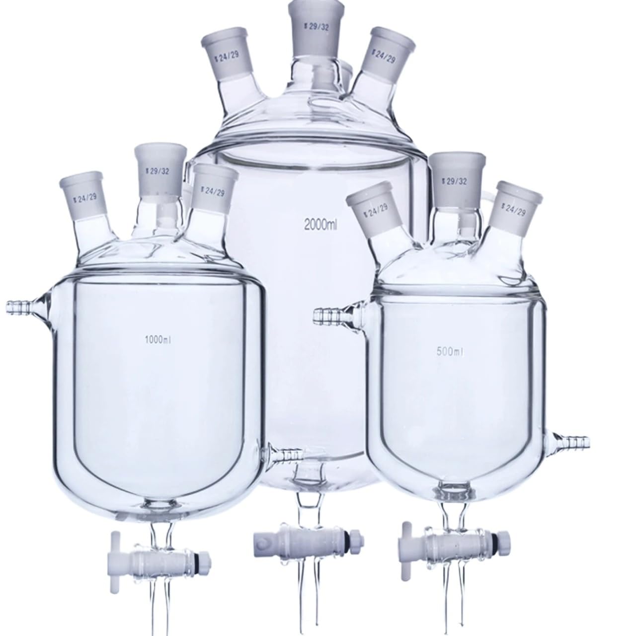matraz de fondo redondo， Botella de reacción de laboratorio de tres cuellos y doble capa con válvula de descarga de 250-2000 ml y juntas de 14-29 mm(250ml 29-24-24-24)