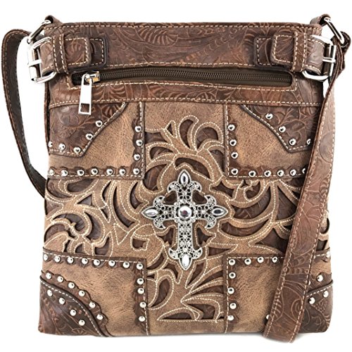 Justin West Western Laser Cut Rhinestone Silver Cross Messenger Handbag with CrossBody Strap
