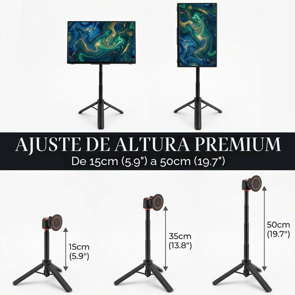 Soporte portátil para monitor de viaje, soporte de configuración apilable magnético ajustable para monitor portátil de 15,6 pulgadas, soporte plegable de metal para monitores y tablets de