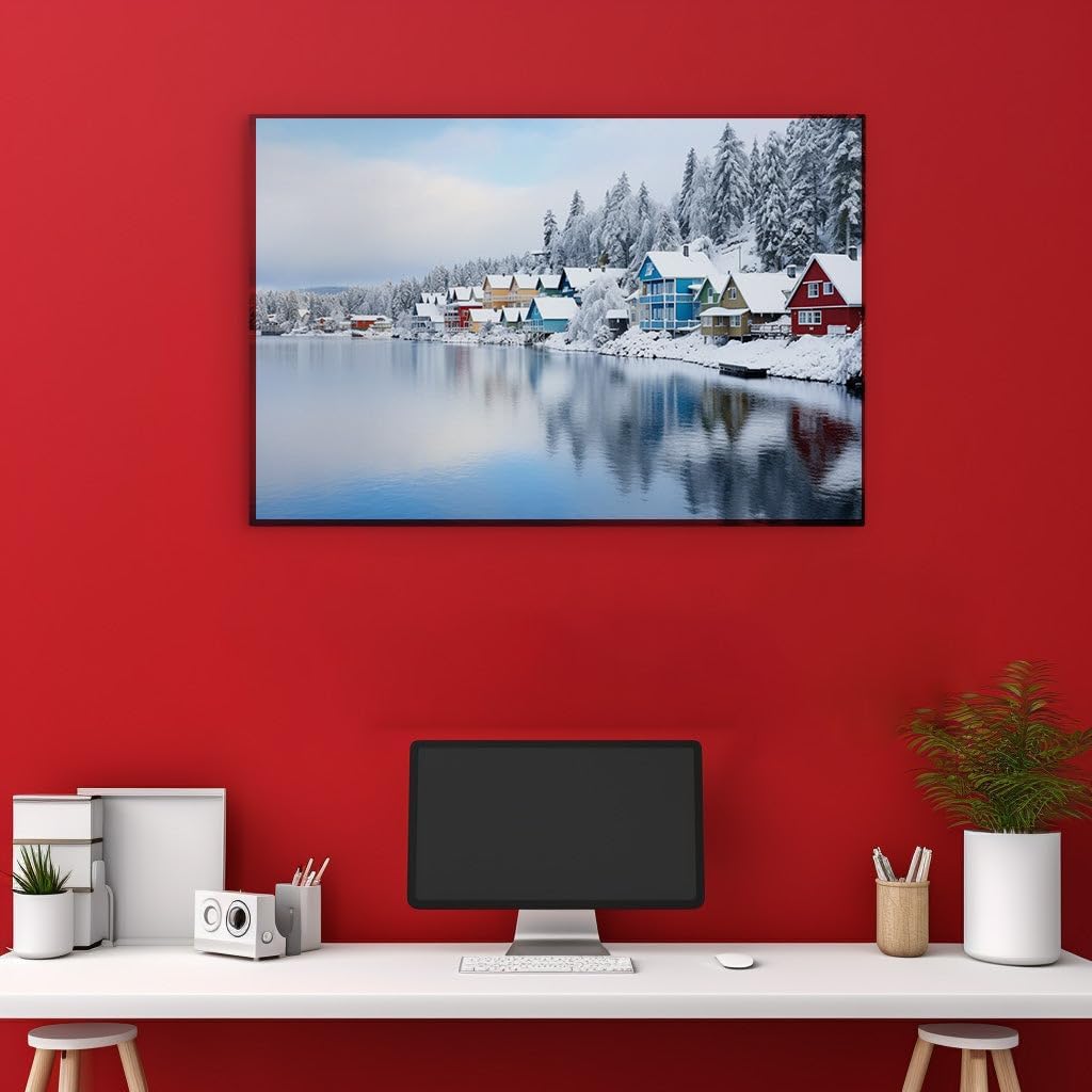 Canvas for Living room. Winter's Serene Embrace � A Snowy Village by the Calm Lakeside, 27 x 18 inch Canvas Wall Art - Expansive Panoramas - Modern Home Decor - 69x46 cm (27x18 inch)