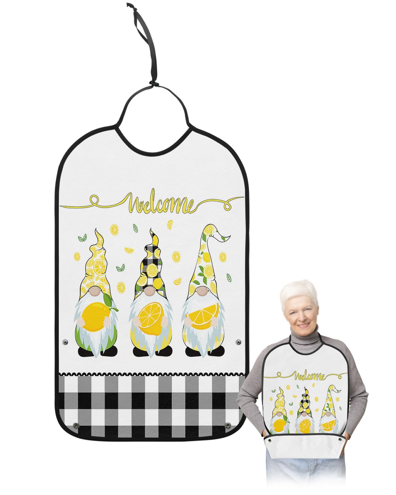 LEOKOTI Summer Gnomes Adult Bibs for Eating, Waterproof Bibs with Food Catcher & Adjustable Snap Closure, Black Plaid Rustic Farm Lemon Washable Clothing Protectors Adult Bibs for Elderly Women/Men