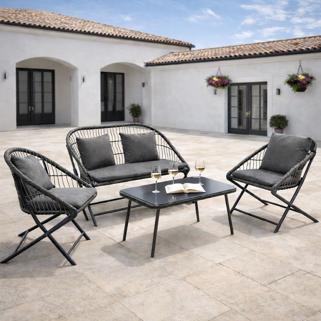 Dawsons Living Folding 4 Seat Rattan Bistro Set with Table and 2 Chairs, 4 Piece Sofa Set (Mid Grey Sofa Set)