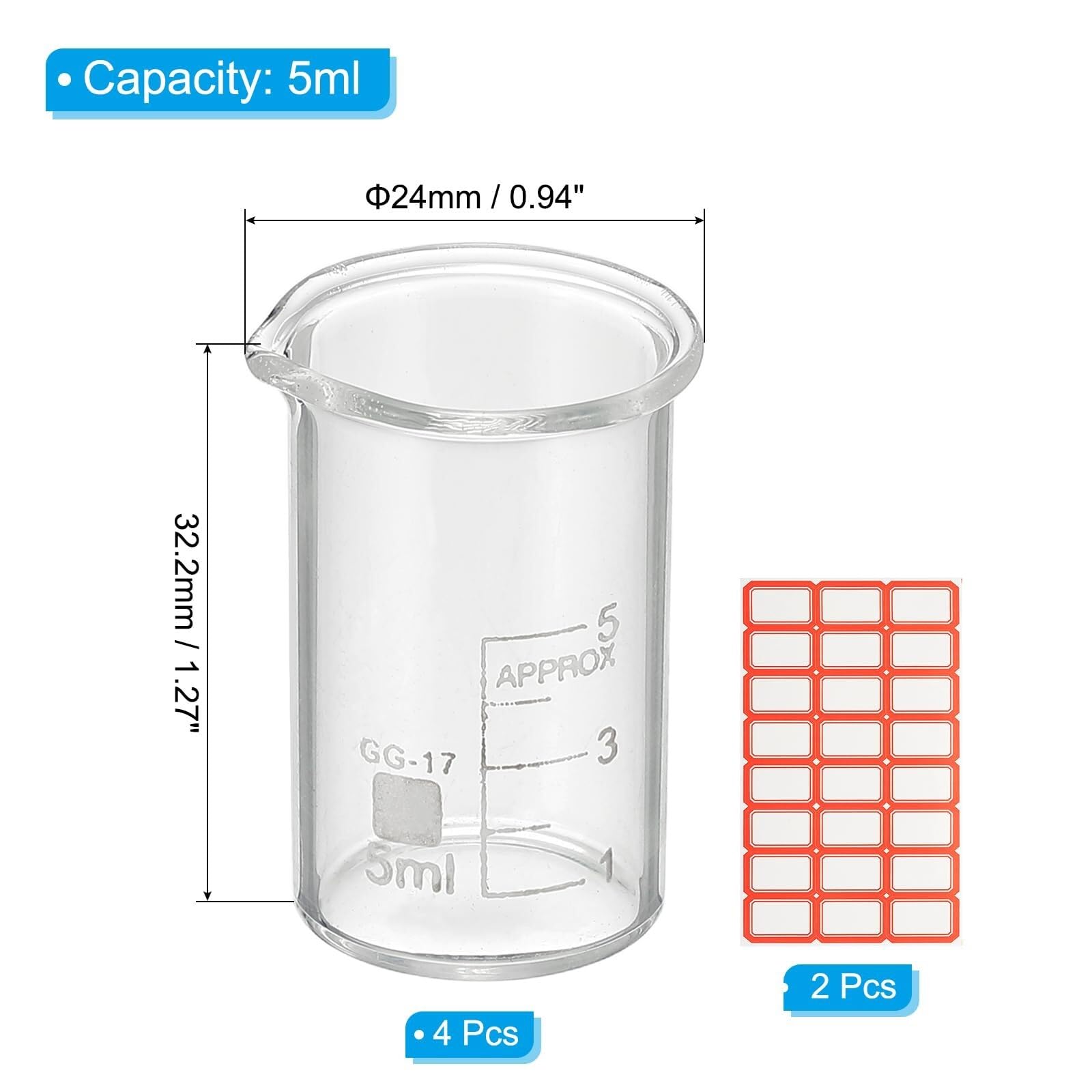 Zlewka laboratoryjna, Zlewka ze szkła borokrzemowego o pojemności 5 ml, 4 opakowania z podziałką, miarka laboratoryjna(5ml)