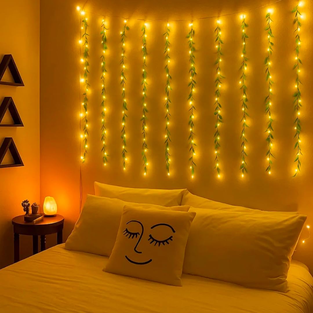 fizzytech Artificial Leaf Curtain LED String Light, 180 LEDs, 8 Modes, Remote Control, Adjustable Brightness, Plug, Perfect for Bedroom, Garden, Birthday & Festive Decor (10x3Feet, Green Color)-image-29