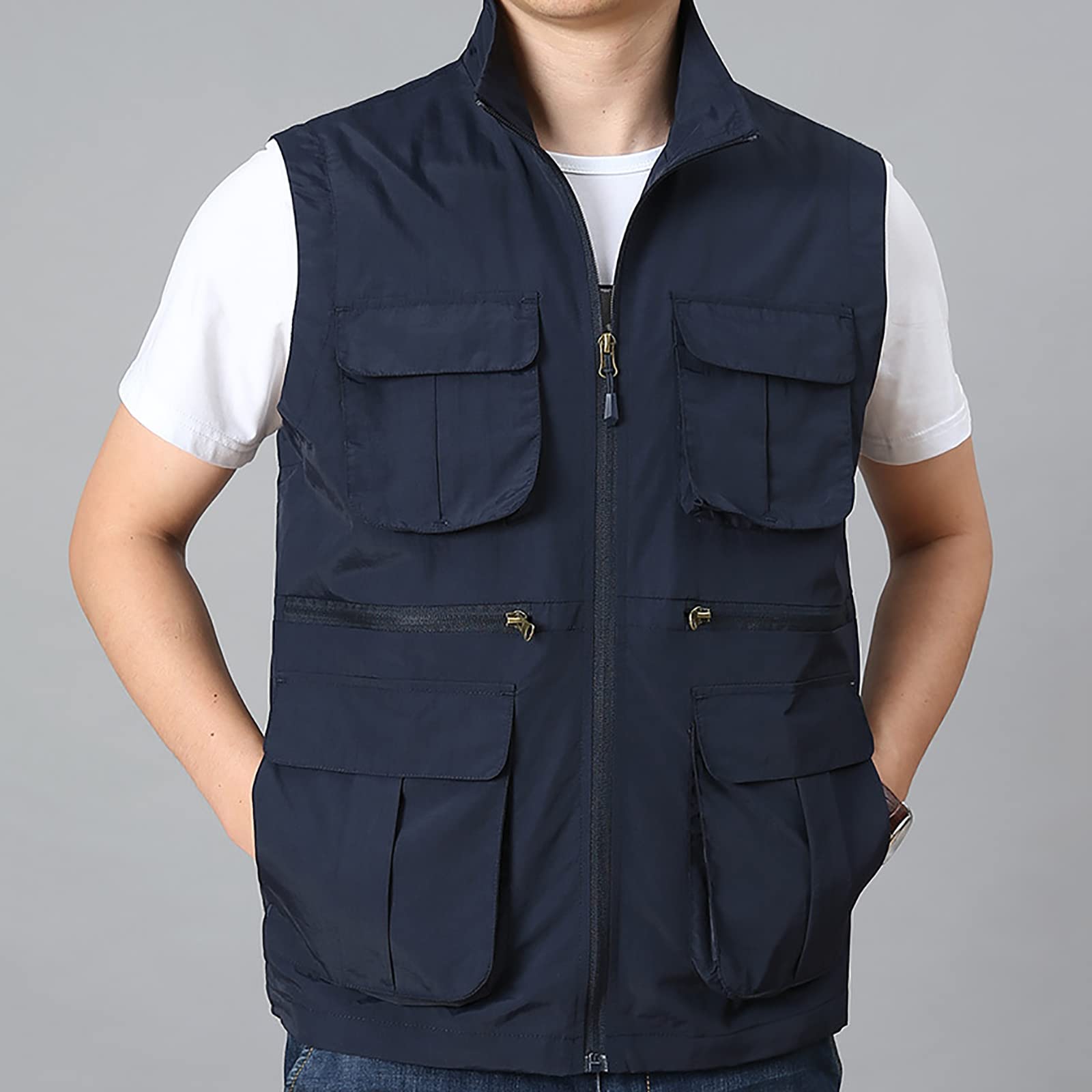 Hombres Chaleco de Pesca con Multibolsillos Respirable Viajes Senderismo Chaleco(Size:8XL,Color:Azul)