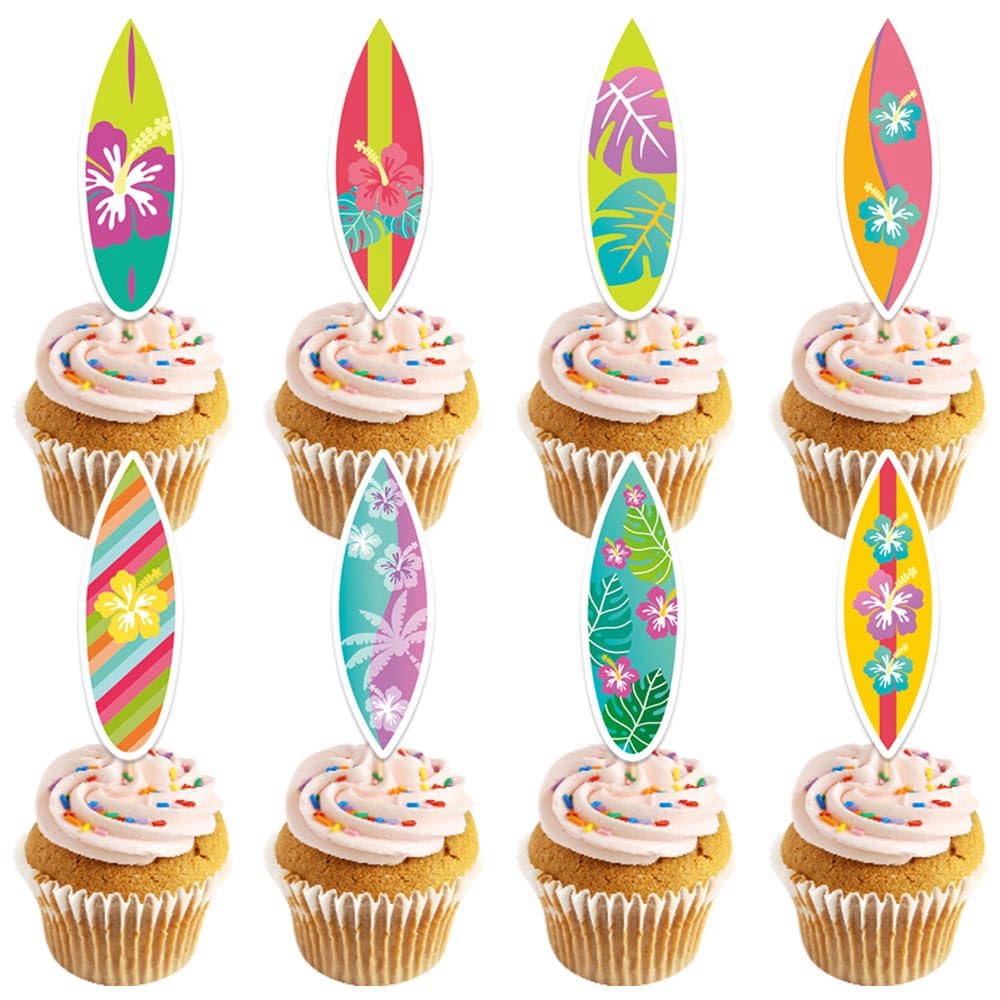 8 decoraciones hawaianas para tartas, decoración de pastel de fiesta de playa de verano, decoración de tartas, forma de tabla de surf, hojas de palma, decoración de cupcakes, postre, frutas, cócteles,