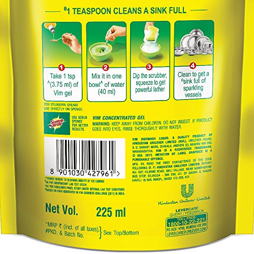 Image of Vim Dishwash Liquid Gel Lemon Refill Pouch, With Power Of Lemons, Leaves No Residue, Refreshing Dishwash Experience, 225 ml
