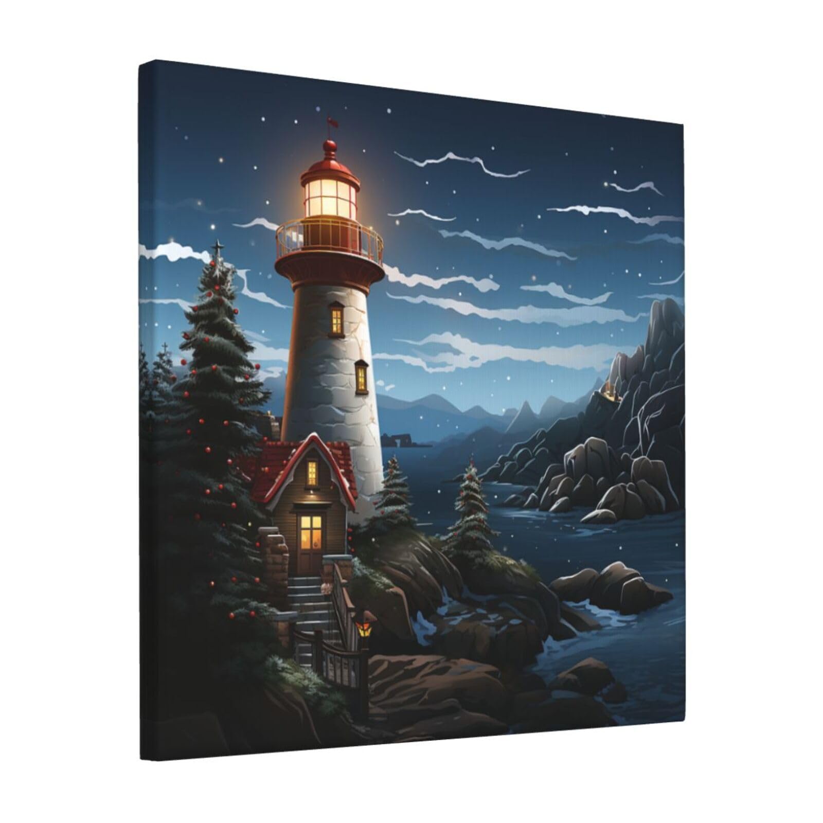 FodPand Santa Claus Lighthouse Canvas Wall Art for Living Room Wall Decor 12"x12" Modern Artwork Painting Pictures Hanging Canvas Prints Aesthetic Wall Art for Bedroom Bathroom Office Wallart Decor