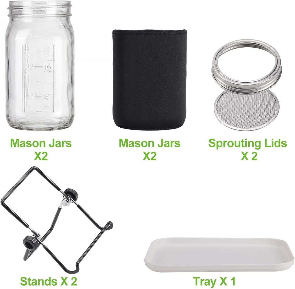 Seed Sprouting Jar Kit, 34oz Mason Wide Mouth Jars 2pc with 316 Stainless Steel Sprouting Lids, Drain Tray, Blackout Sleeves for Broccoli, Mung Beans, Pea, Cat Grass & Buckwheat