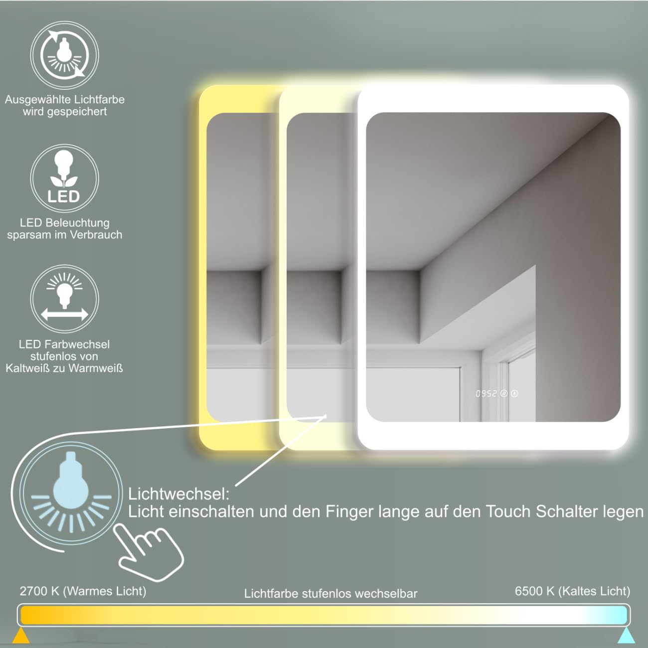 HOKO® Specchio-Bagno-con-Luce 60x80cm con Antiappannamento e Riscaldamento dello Specchio+Orologio Digitale. Interruttore Tattile+Luce LED Variabile Caldo-Freddo-Neutro 2700-6500k