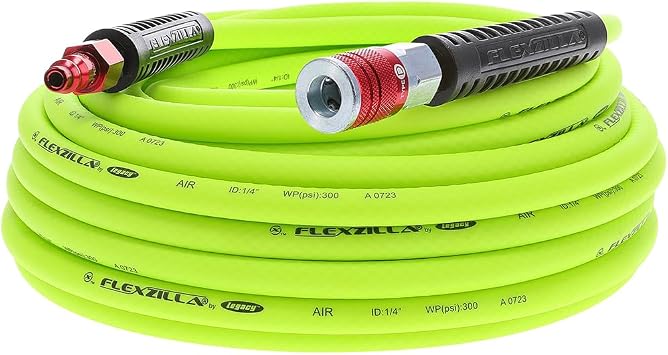 Flexzilla Air Hose with ColorConnex Industrial Type D Coupler and Plug, 1/4 in. x 50 ft., Heavy Duty, Lightweight, Hybrid, ZillaGreen - HFZ1450YW2-D
