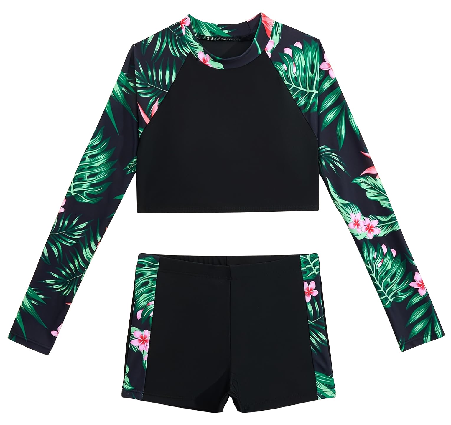 Maeau Maillot de Bain Deux Pièces Fille, Ensemble de Plage Imprimée Enfant, Crop Haut Protection UV à Manches Longues+Short, Costume de Bain et Plage, 7-14 Ans/130-160cm