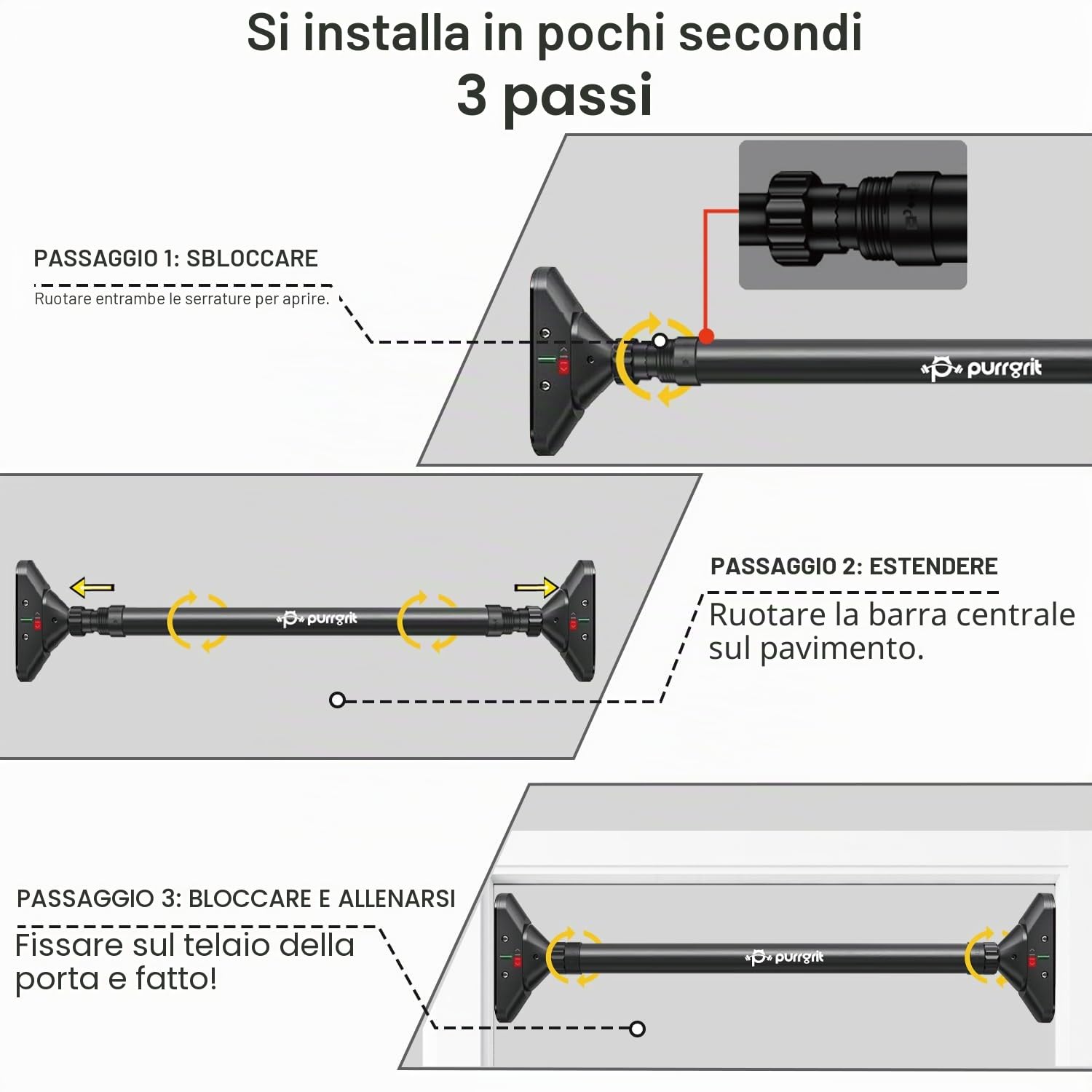 Barra per trazioni per porta senza vite, larghezza regolabile (74-95 cm), capacità 200 kg, con blocco a 360° e 2 imbottiture extra in schiuma per la massima protezione del telaio della porta