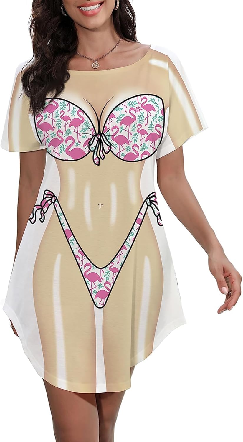 Women's Cute Bikini Printed T Shirt Dress Short Sleeve Baggy Shirt Beach Fun Swimwear Cover Up Dress