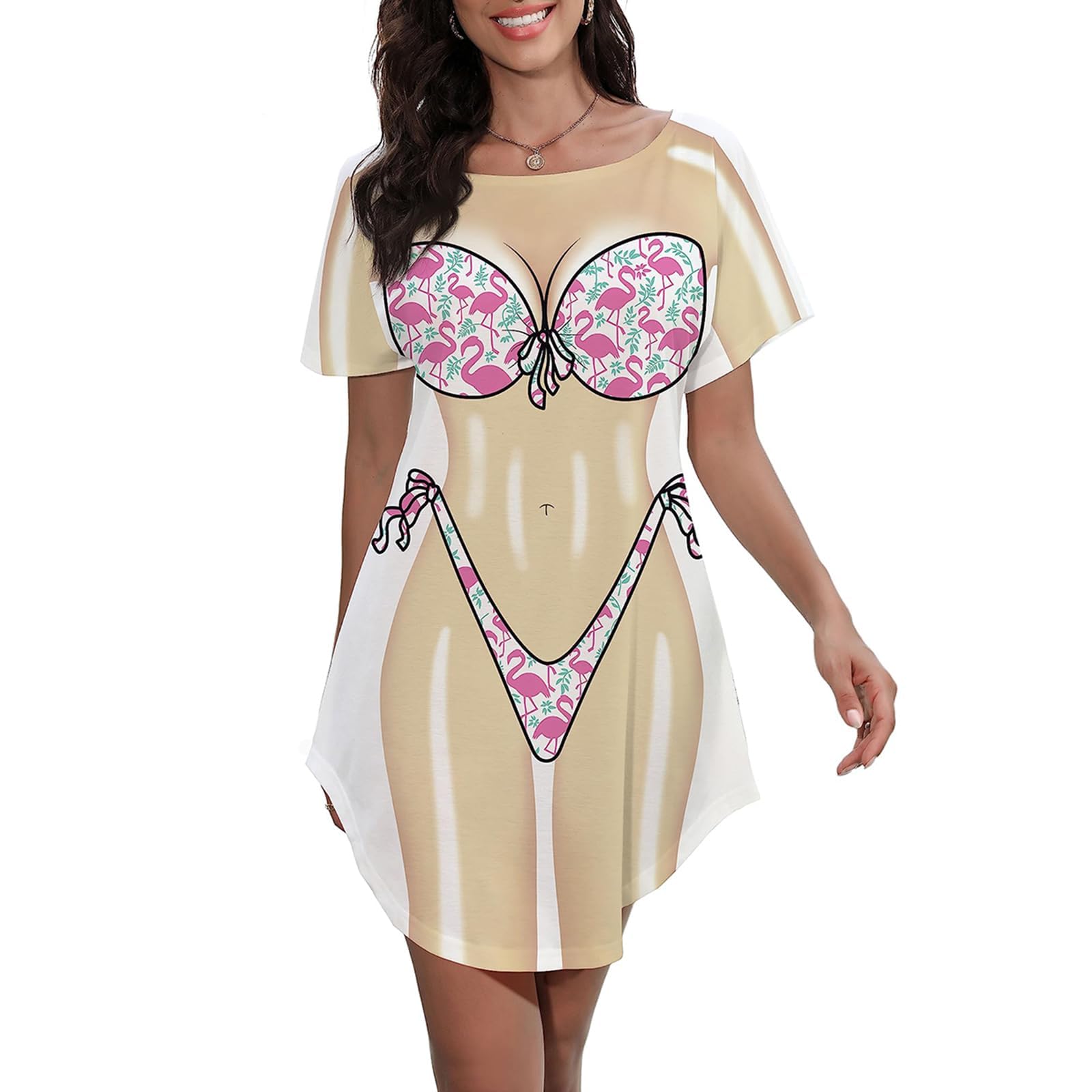 Vestido de manga corta con estampado de bikini para mujer, estilo holgado, para playa, para cubrir el traje de baño