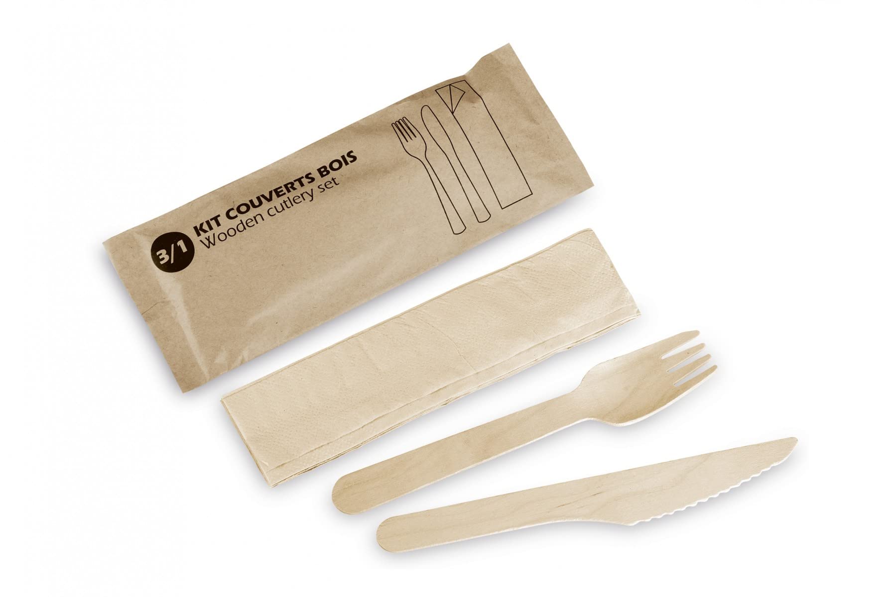 Kit Couverts Bois 3 en 1 Jetables | Lot de 100 Kits Individuels | Fourchette, Couteau Serviette | Bois Bouleau | Aucun Goût Ni Odeur | 100% Ecoresponsable