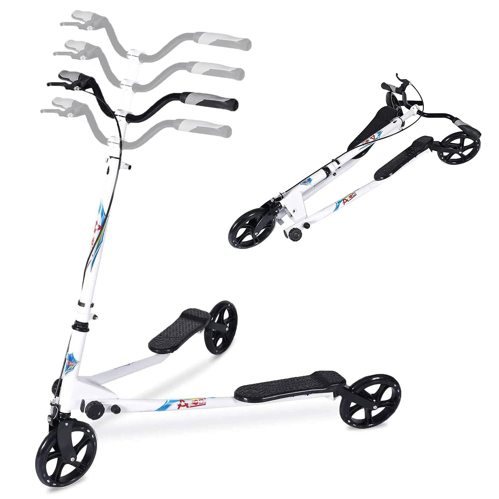 AODI 3 Wheel Foldable Scooter Swing Scooter Tri Slider Kick Wiggle Scooters Push Drifting with Adjustable Handle for Boys/Girl/Adult Age 8 Years Old and Up (White)